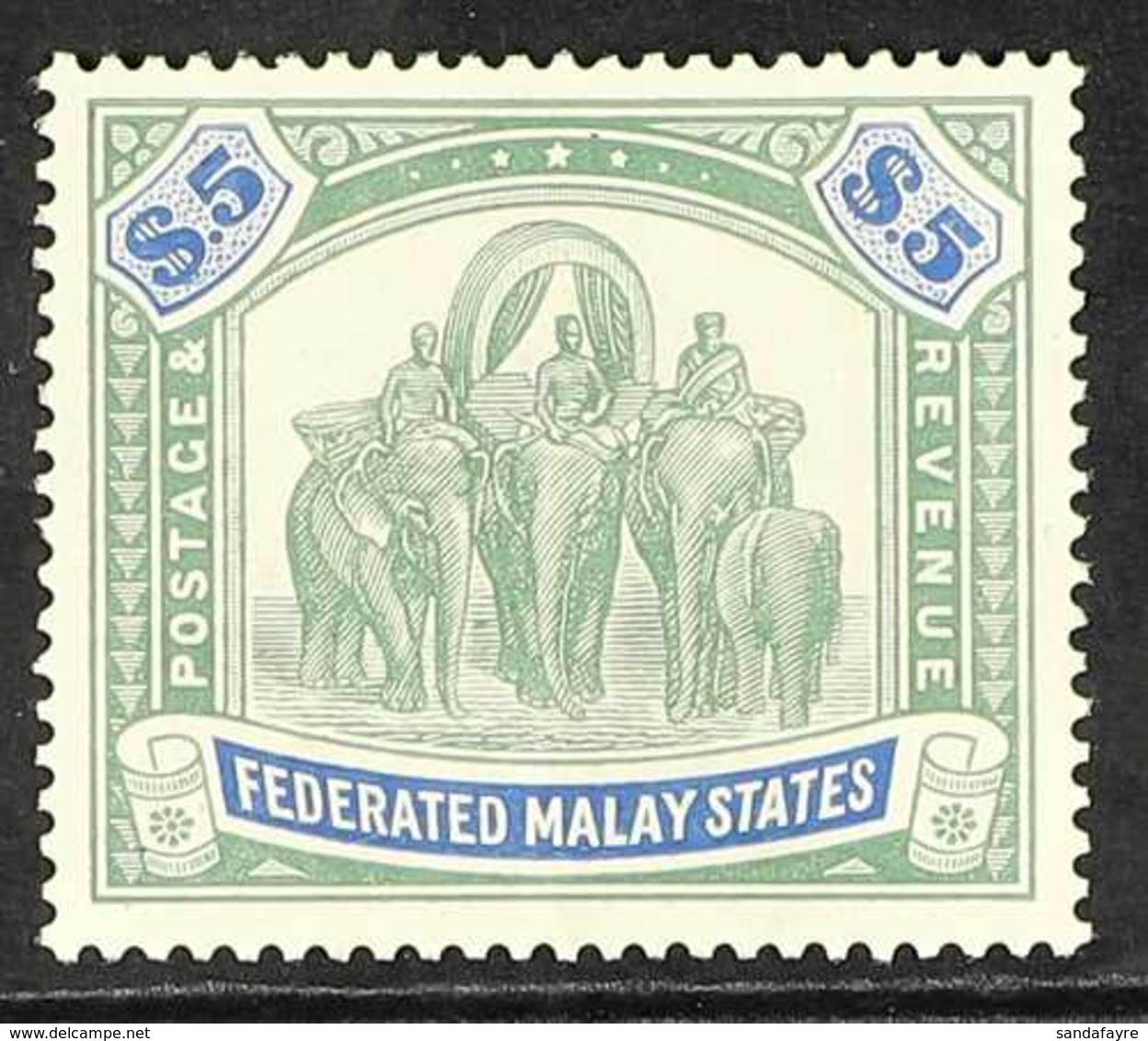 FEDERATED MALAY STATES 1922-34 $5 Green & Blue Elephants, SG 80, Fine Mint, Fresh Colours. For More Images, Please Visit - Autres & Non Classés