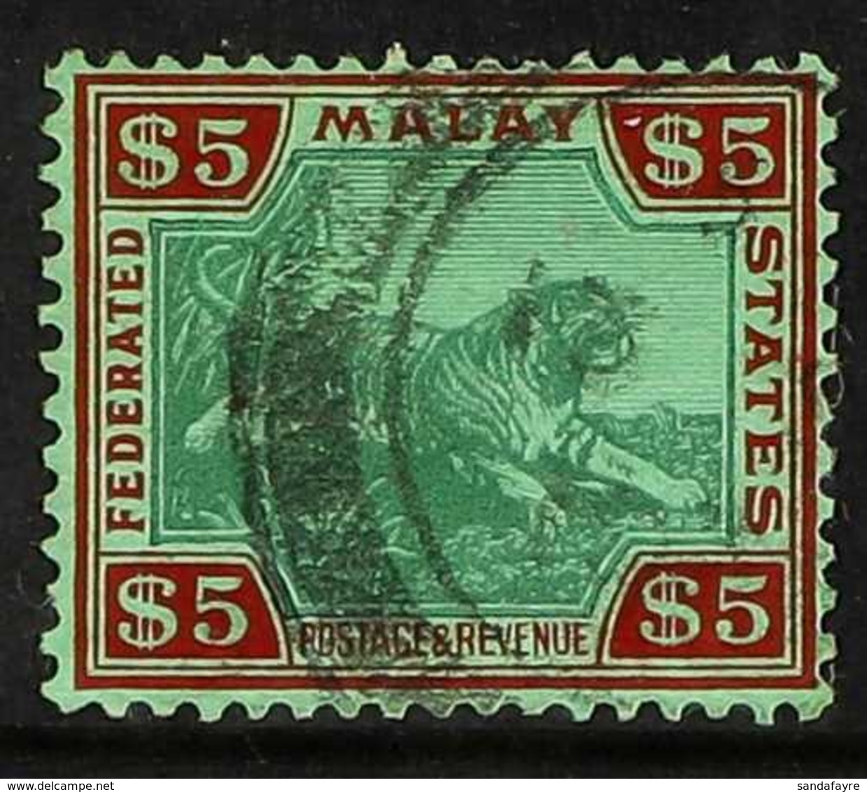 FEDERATED STATES 1922 $5 Green And Red On Green, "Tiger", SG 81, Very Fine Used. For More Images, Please Visit Http://ww - Autres & Non Classés