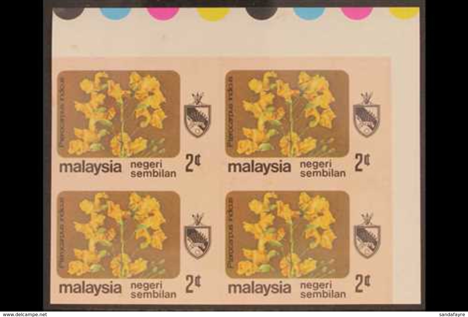 NEGRI SEMBILAN 1979 2c Flowers (SG 104), Superb Never Hinged Mint Upper Right Corner IMPERF BLOCK Of 4, Fresh & Attracti - Autres & Non Classés