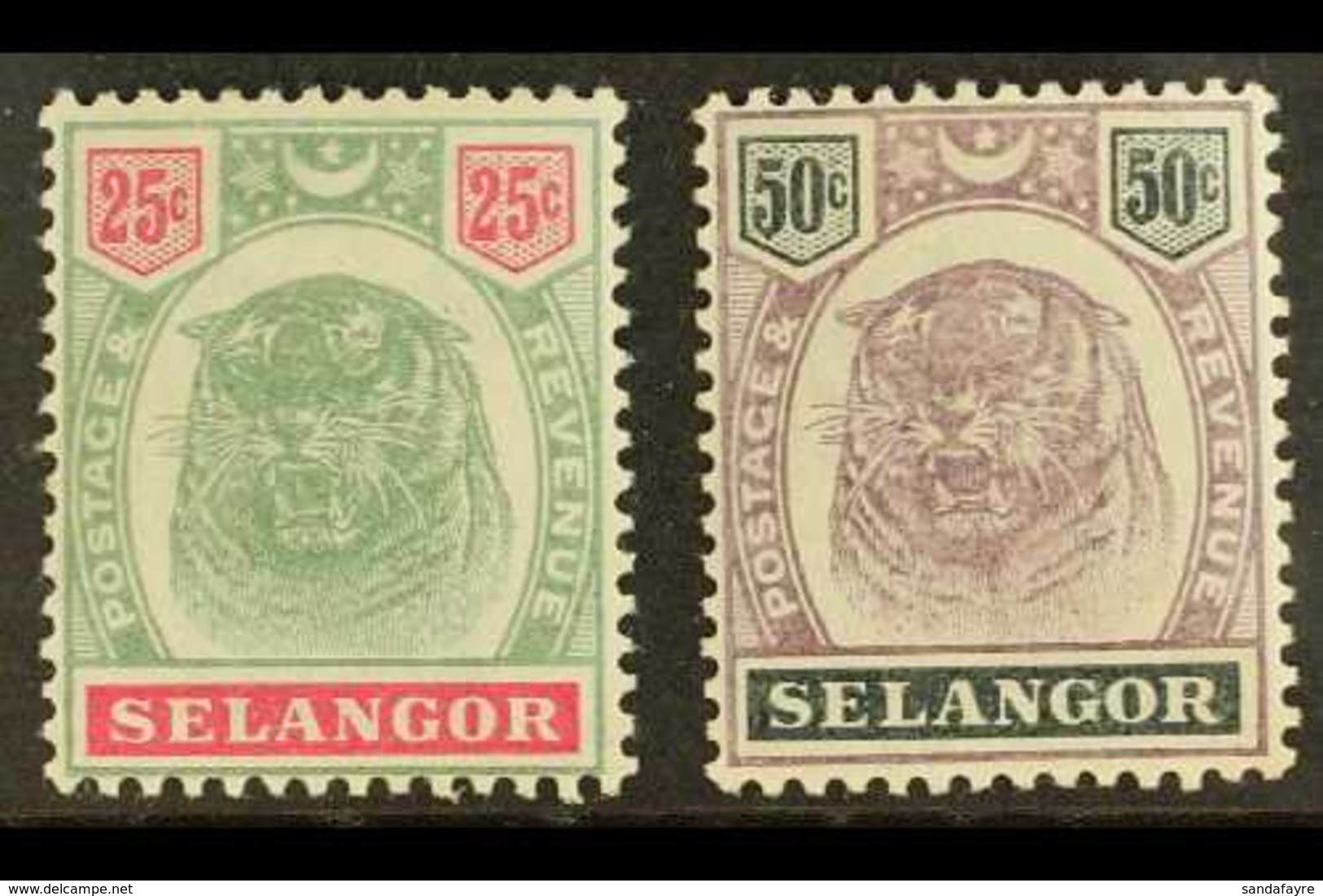 SELANGOR 1895 25c And 50c Dull Purple And Greenish Black "Tigers", SG 58, 59, Very Fine And Fresh Mint. (2 Stamps) For M - Autres & Non Classés