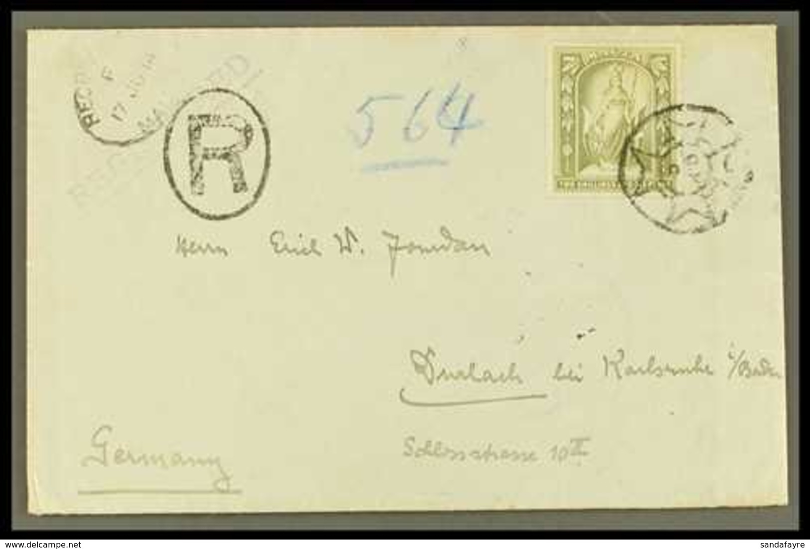 1914 (17 June) Env Registered To Germany Bearing The 2s6d Olive- Grey (SG 34) Tied Maltese Cross Type Circular Handstamp - Malta (...-1964)