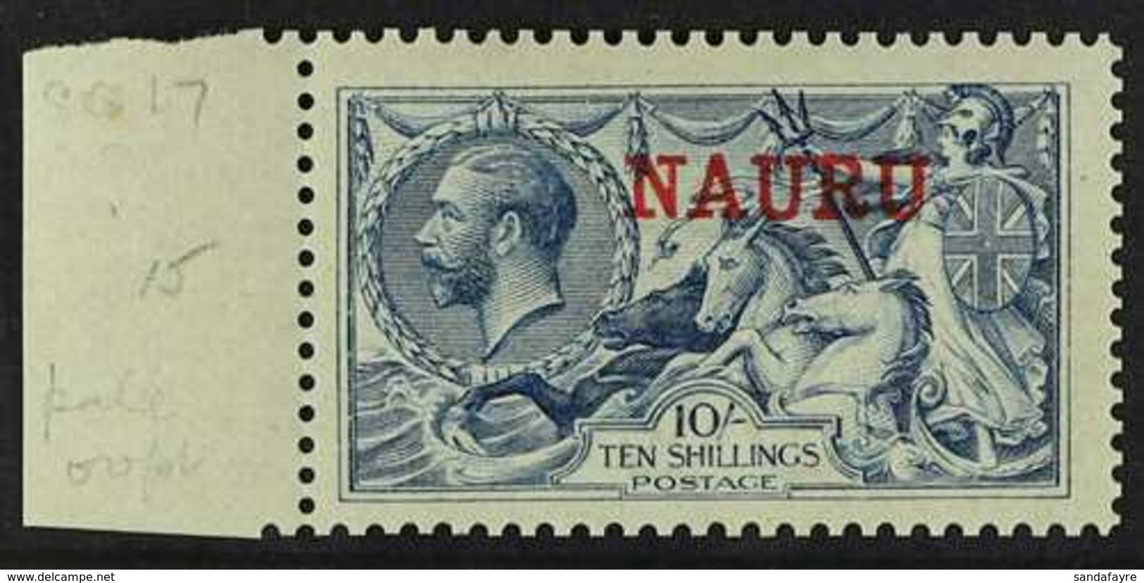 1916 -23 10s Pale Blue DLR Seahorse, Ovptd "Nauru", SG 23, Superb Marginal Never Hinged Mint. For More Images, Please Vi - Nauru