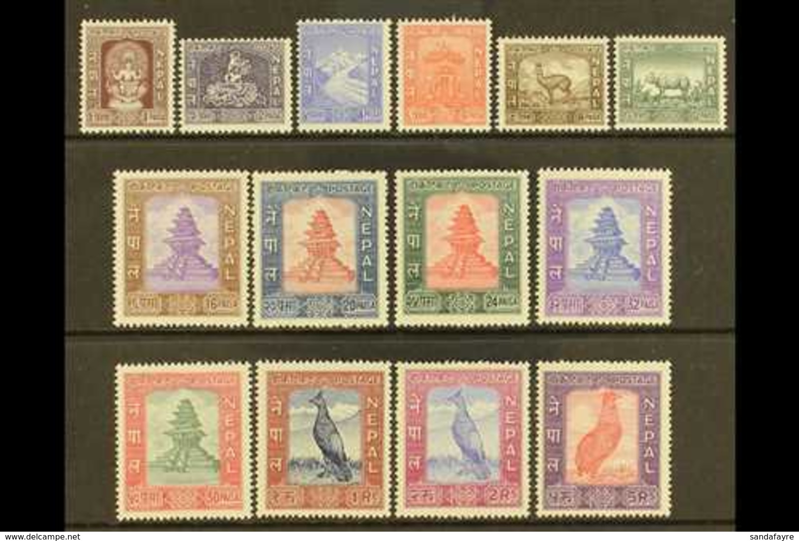 1959-60 Temples & Birds Definitive Set, SG 120/133, Fine Mint 5r (top Value) Is Nhm. (14 Stamps) For More Images, Please - Nepal