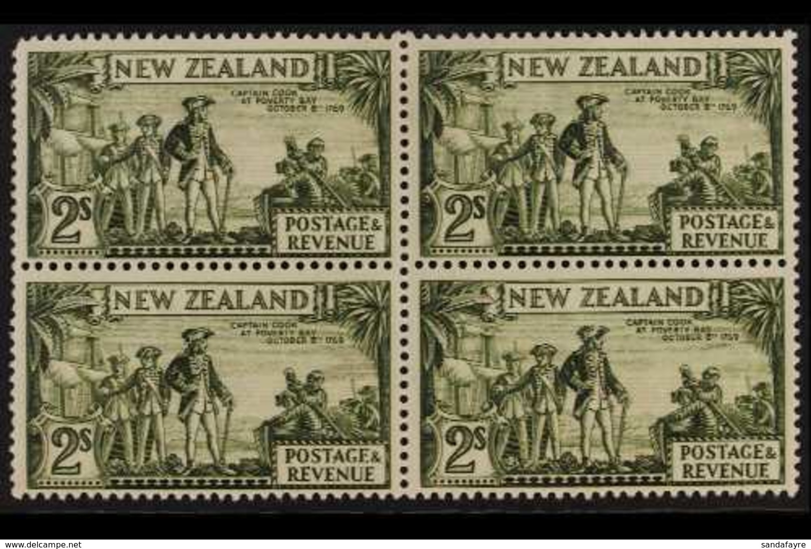 1935-36 2s Olive-green Captain Cook Perf 13½x14, SG 568c, Fine Mint BLOCK Of 4, Two Stamps Are Never Hinged, Fresh & Sca - Altri & Non Classificati