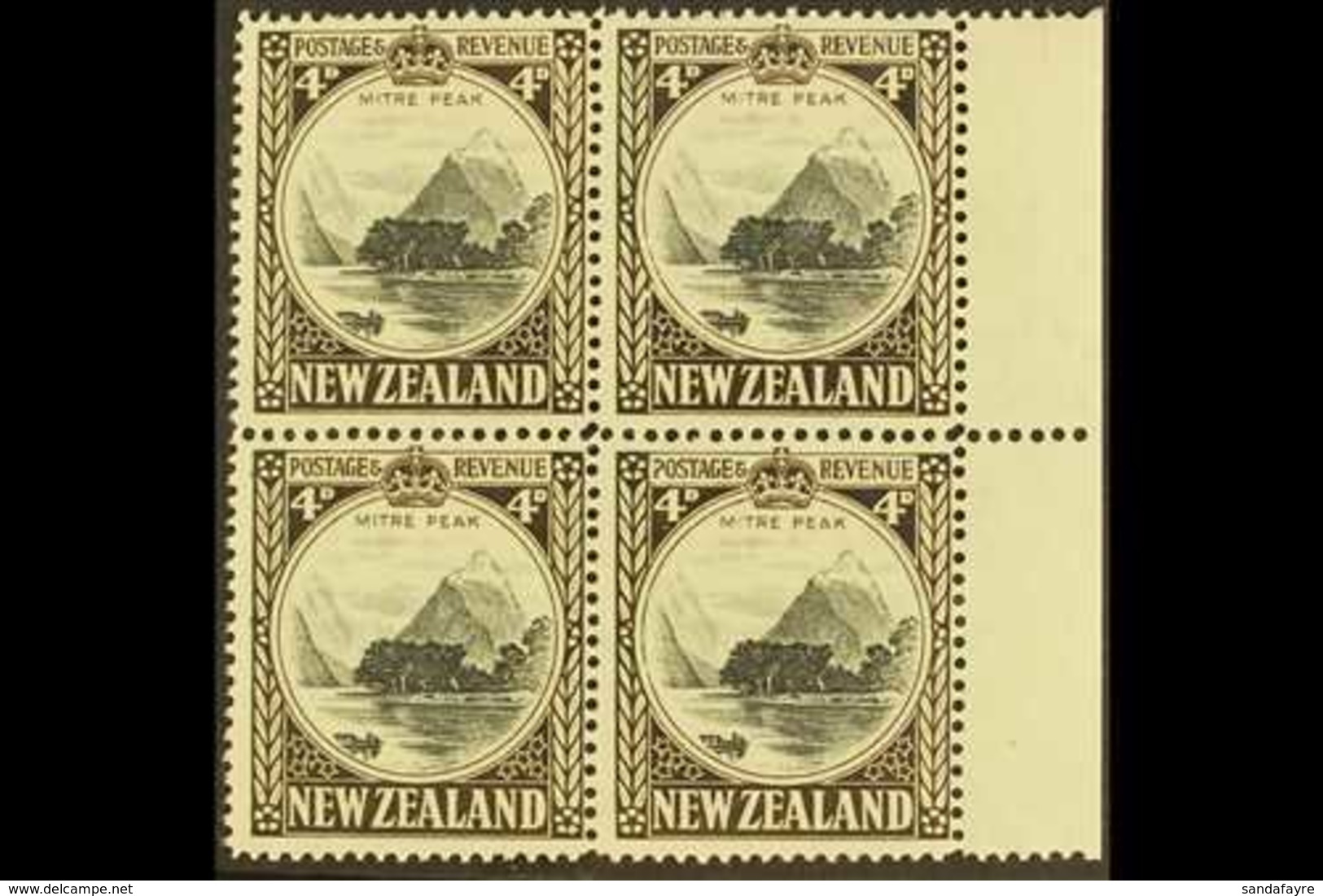 1941 4d Black And Sepia Mitre Peak, Line Perf. 14 SG 583c, Very Fine Mint Right Marginal Block Of Four, Three Are Never  - Altri & Non Classificati