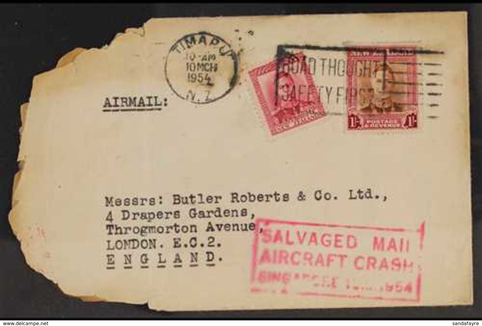 1954 AIR CRASH COVER 1954 (13 March) Cover From Timaru To London Bearing KGVI 6d Plus 1s Tied By "ROAD THOUGHT / SAFETY  - Altri & Non Classificati