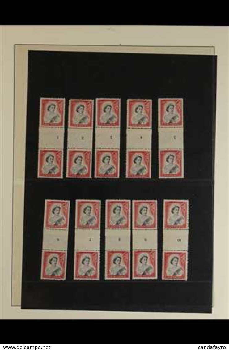 1956 COUNTER COIL PAIRS QEII Definitive 1s Black And Carmine (SG 732) Vertical Pair With Coil Number Inverted (Campbell  - Altri & Non Classificati