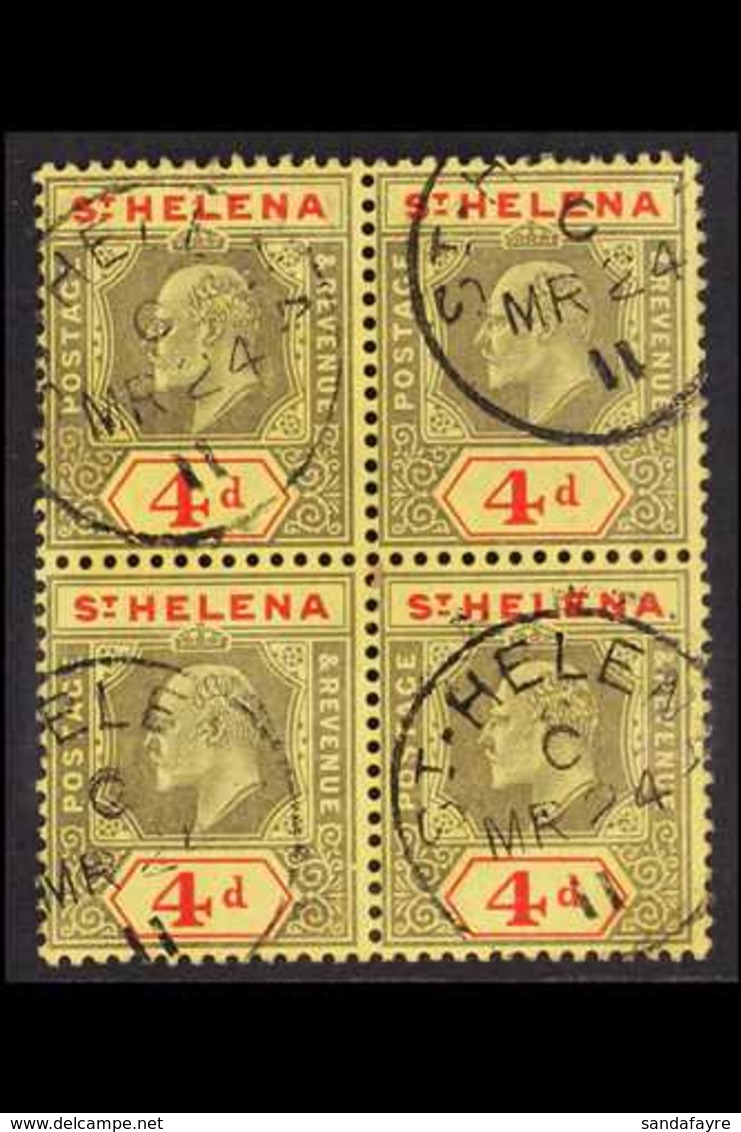 1908-11 KEVII 4d Black & Red/yellow, Chalky Paper, SG 66, BLOCK OF 4, Very Fine Cds Used (4 Stamps) For More Images, Ple - Saint Helena Island