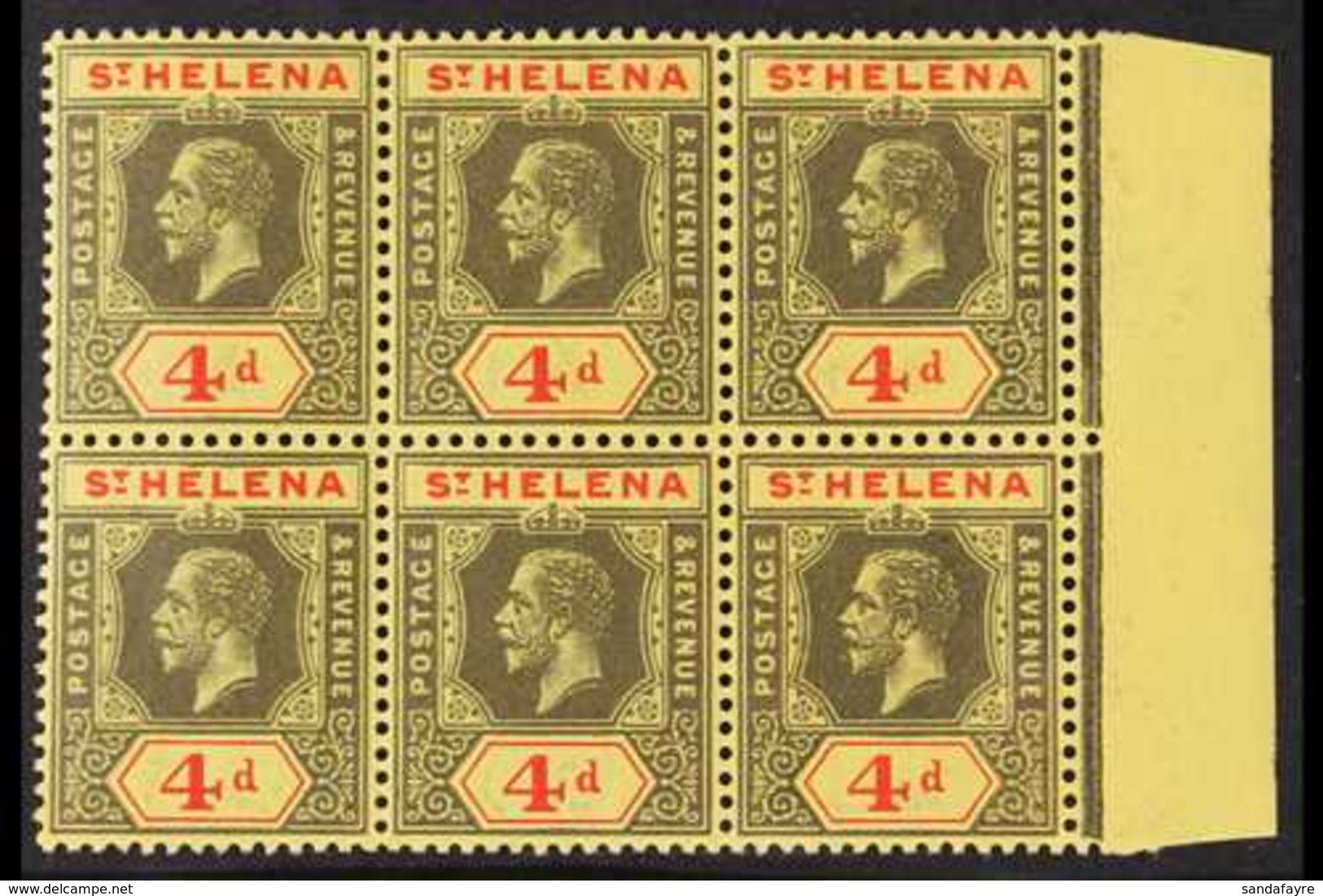 1912 KGV 4d Black & Red/yellow, SG 83, Marginal Block Of 6, Five Stamps Are Never Hinged Mint (6 Stamps) For More Images - Sainte-Hélène