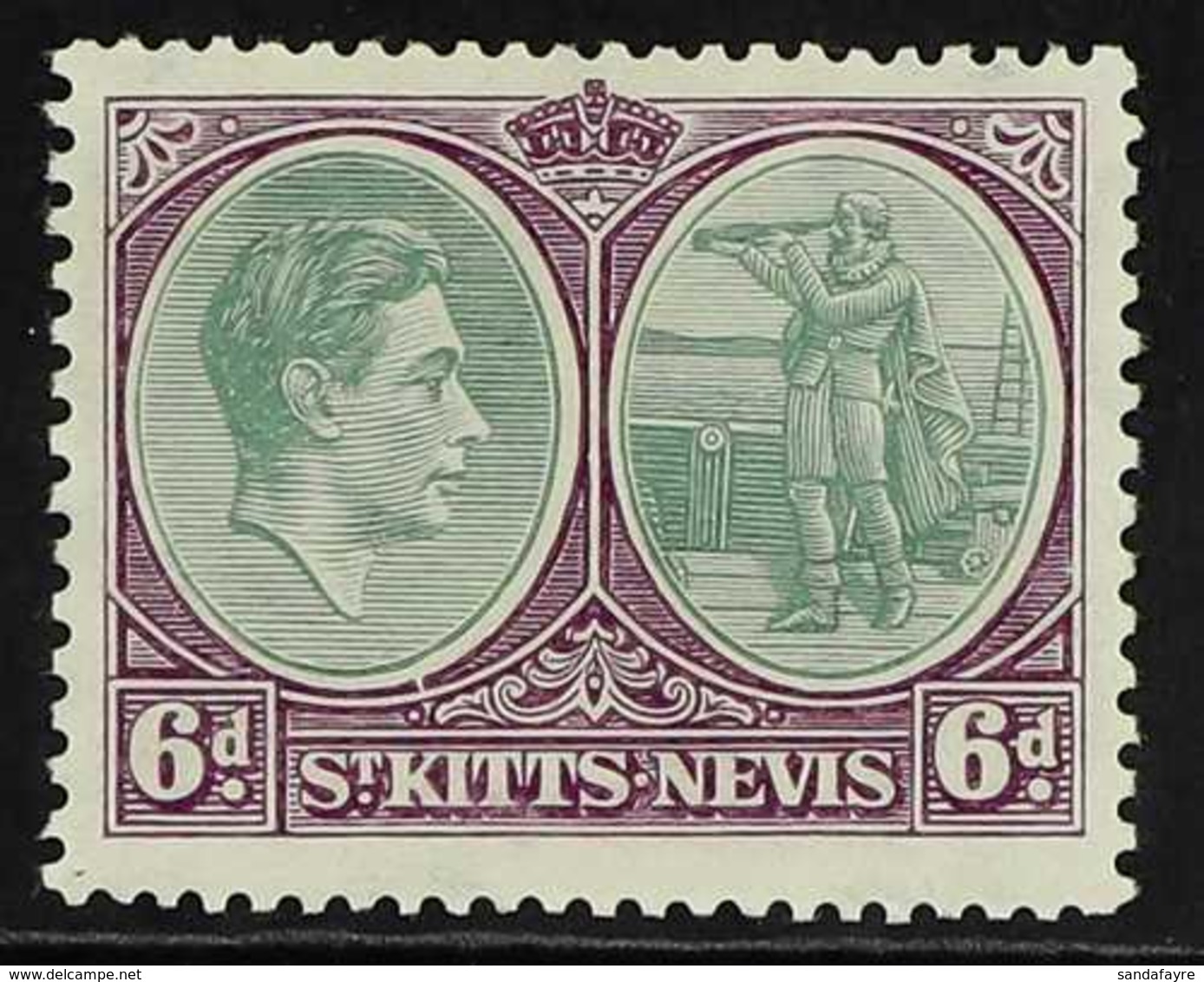 1938-50 6d Green & Bright Purple Perf 13x12 With BREAK IN OVAL Variety, SG 74a, Very Fine Mint, Fresh. For More Images,  - St.Kitts-et-Nevis ( 1983-...)
