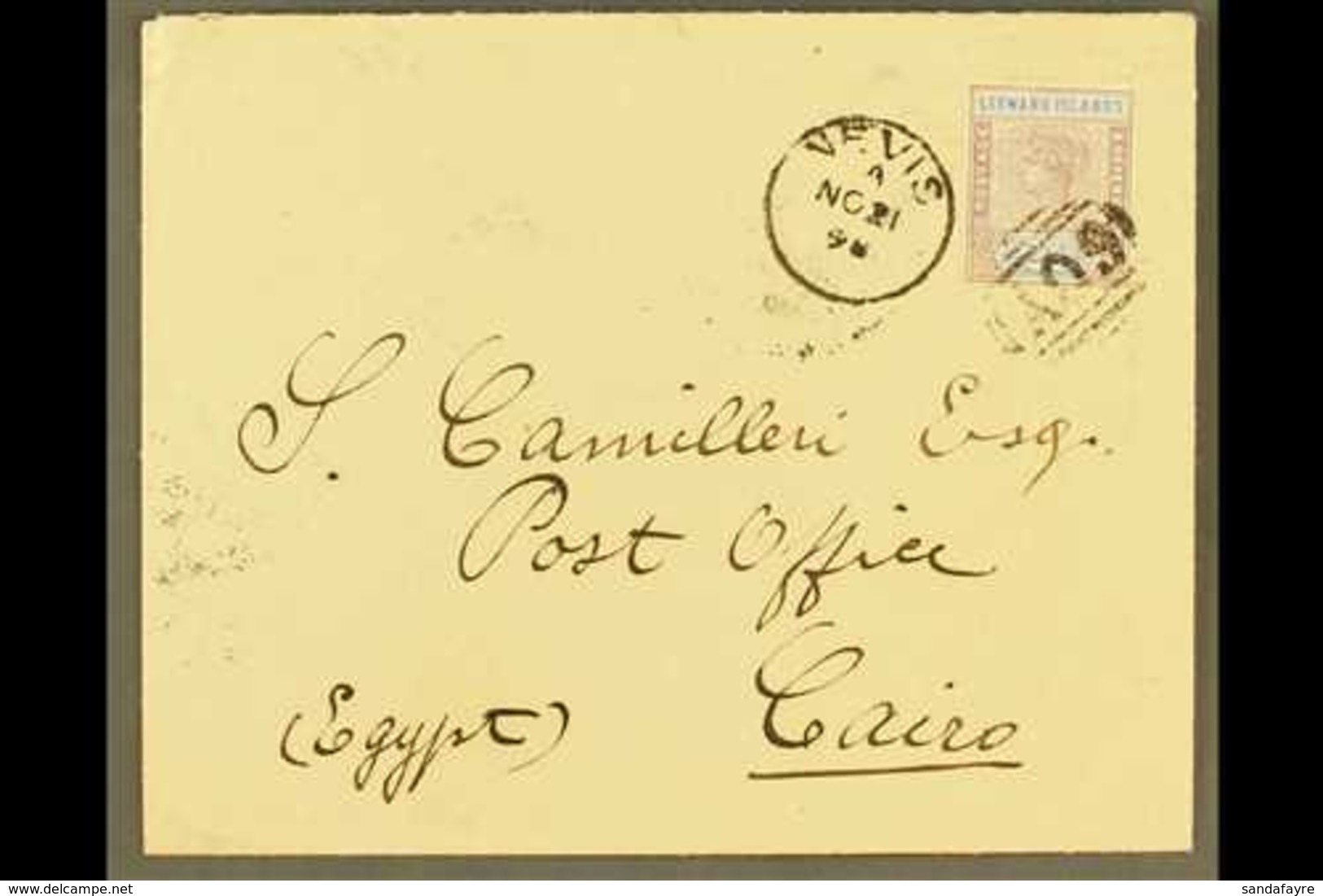 LEEWARD ISLANDS USED IN 1898 Env. To Cairo, Egypt, Franked With 1890 2½d Leeward Is., Clear "NEVIS A09" Duplex Cancel. F - St.Kitts E Nevis ( 1983-...)