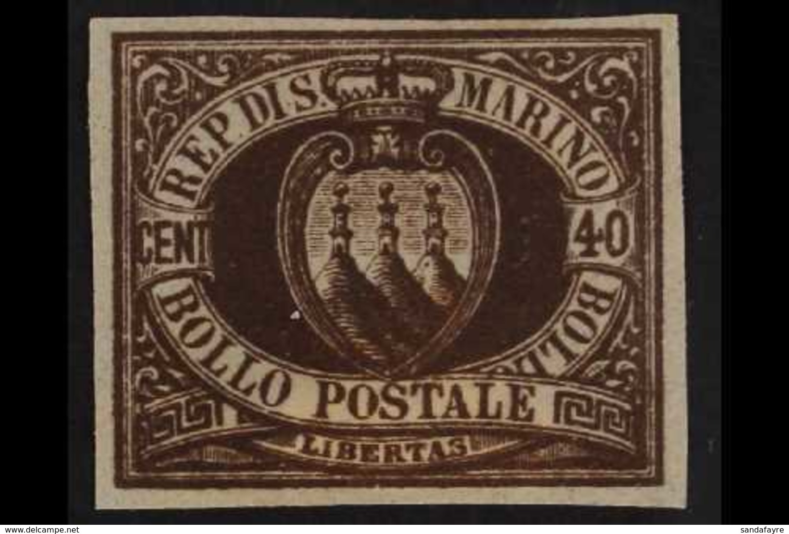 1892-4 40c Brown "Arms", Imperf Proof, Sass P17, Very Fine And Fresh. For More Images, Please Visit Http://www.sandafayr - Altri & Non Classificati