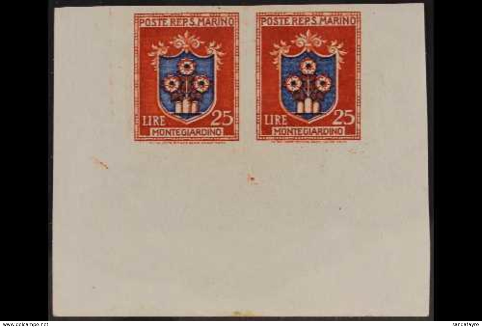 1945 - 1946 25L Red Brown And Ultramarine, Arms, Variety "imperf", Sass 294a, Superb Mint Corner Margin Pair. For More I - Autres & Non Classés