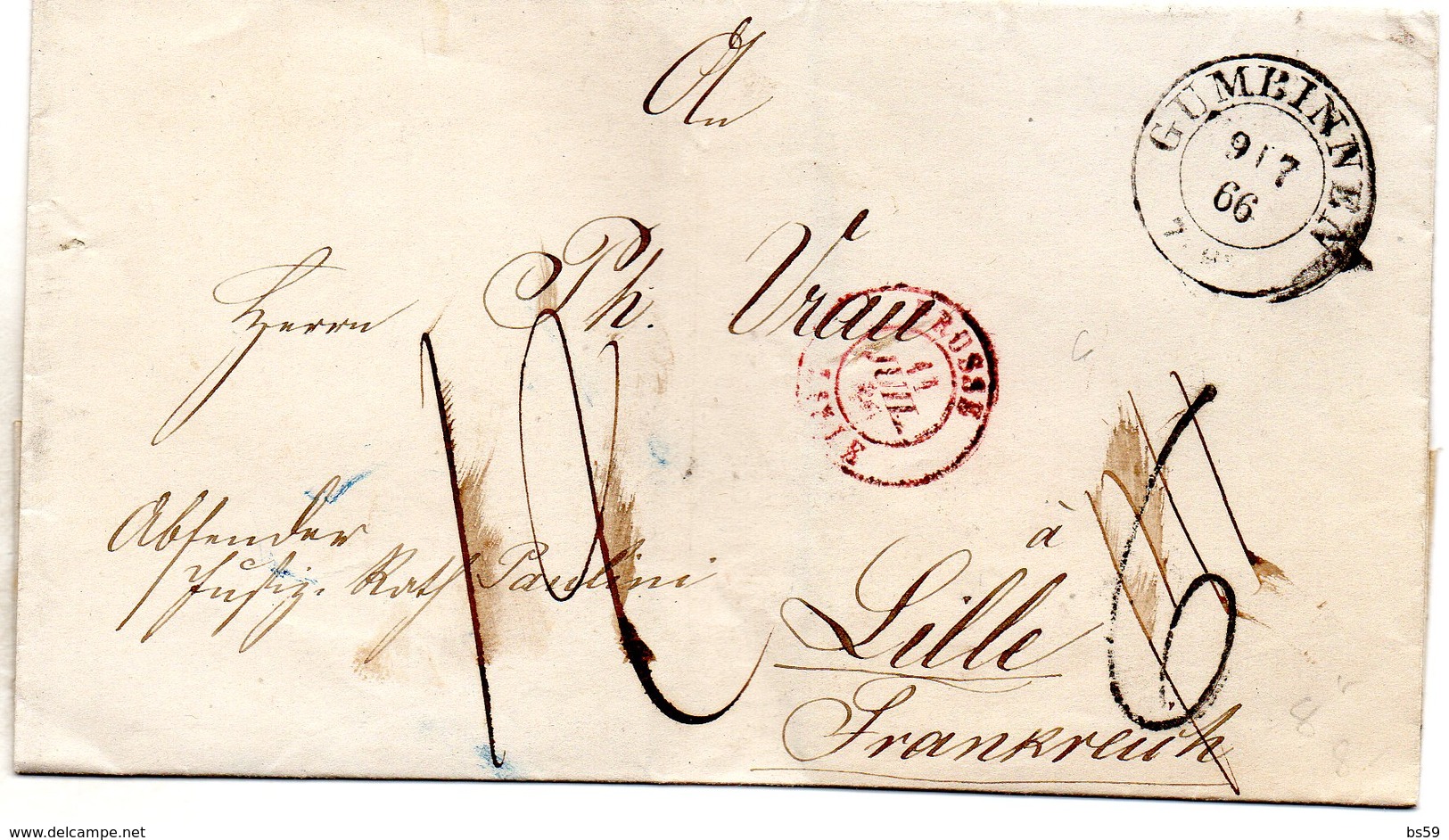 LSC De Gumbinnen Pour Lille Cachet D'entrée PRUSSE LILLE En Rouge (1866) - Taxe Rectifiée - Préphilatélie