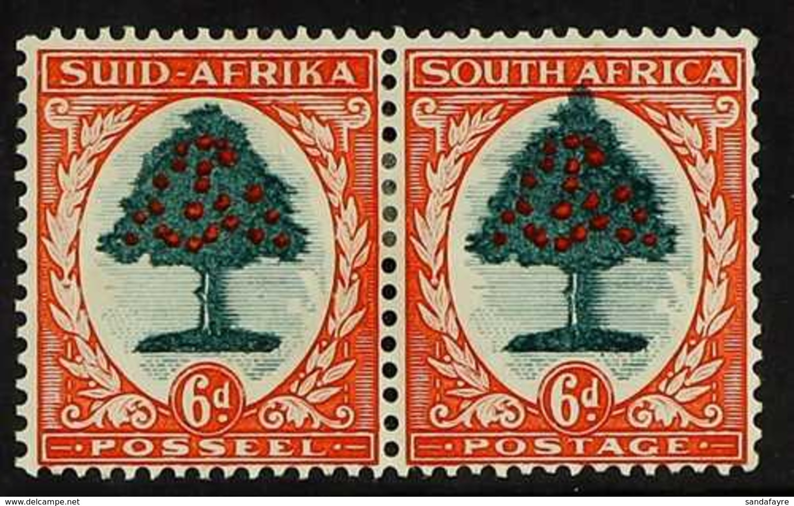 1933-48 6d Green & Vermilion Die I With TOP OF TREE EXTENDED TO JOIN FRAME Variety, Union Handbook 49 V1 (SG 61 Var), Fi - Non Classificati