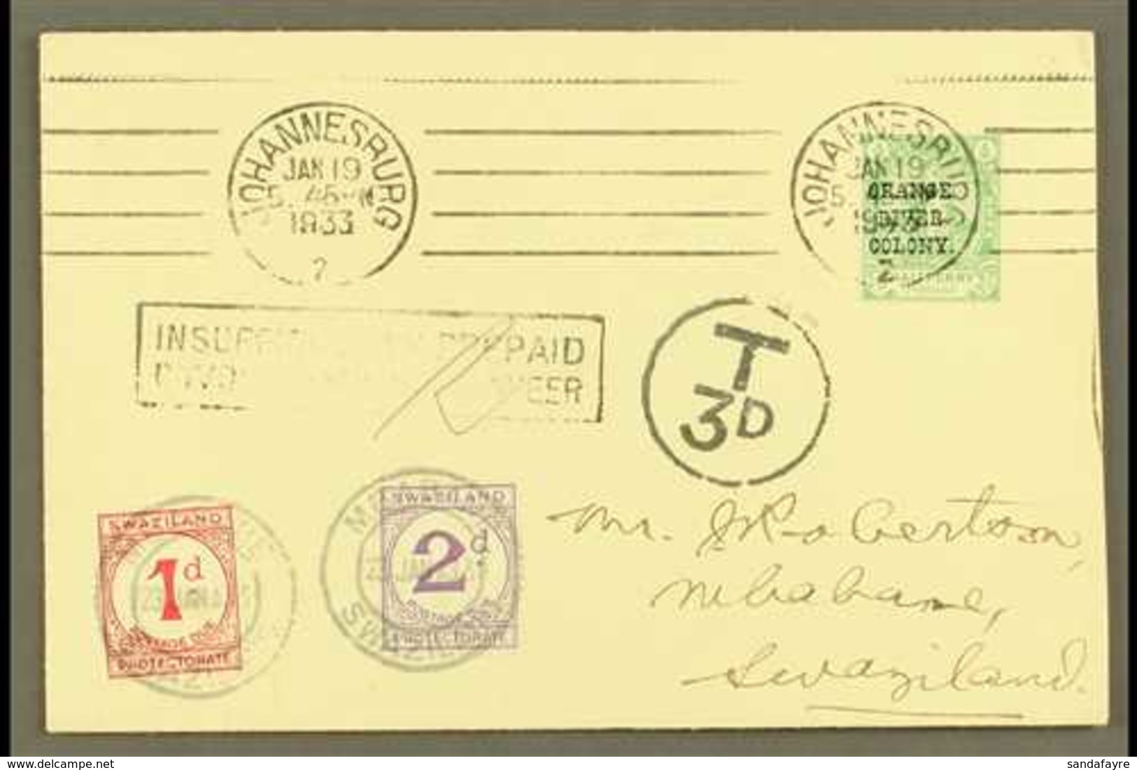 1933 POSTAGE DUE FIRST DAY COVER. 1933 (19 January) A Delightful And Highly Attractive Envelope Bearing Orange River Col - Swaziland (...-1967)