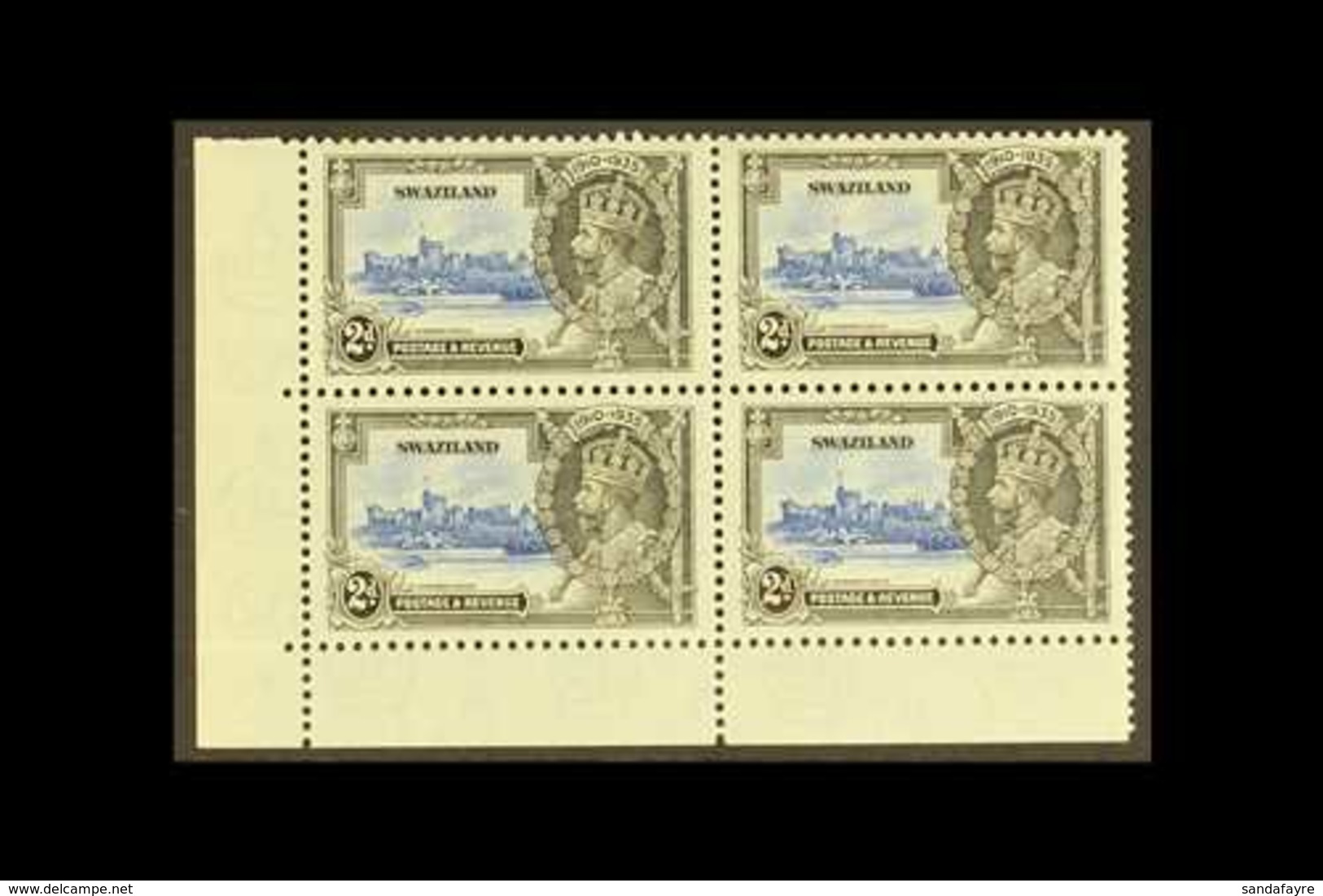 1935 2d Ultramarine And Grey Black Jubilee, Variety "Extra Flagstaff", SG 22a, In A Mint Corner Block Of 4 With Normals. - Swaziland (...-1967)