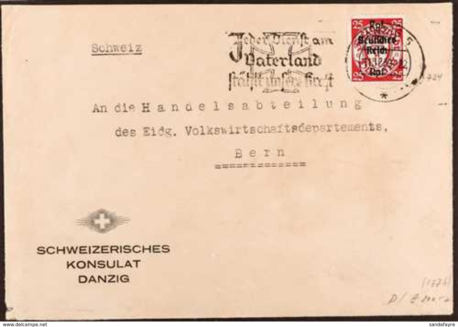 SWISS CONSULATE IN DANZIG 1939 (11 Dec) Printed 'Schweizerisches Konsulat Danzig' Cover Addressed To Bern, Bearing 1939  - Altri & Non Classificati