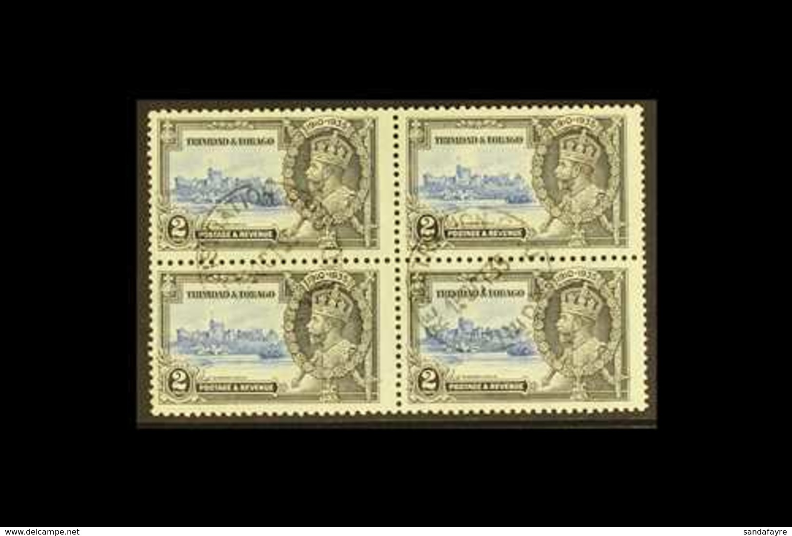 1935 2c Ultramarine And Grey Black Jubilee, Variety "Extra Flagstaff", SG 239a, In A Used Block Of 4 With Normals. For M - Trinité & Tobago (...-1961)