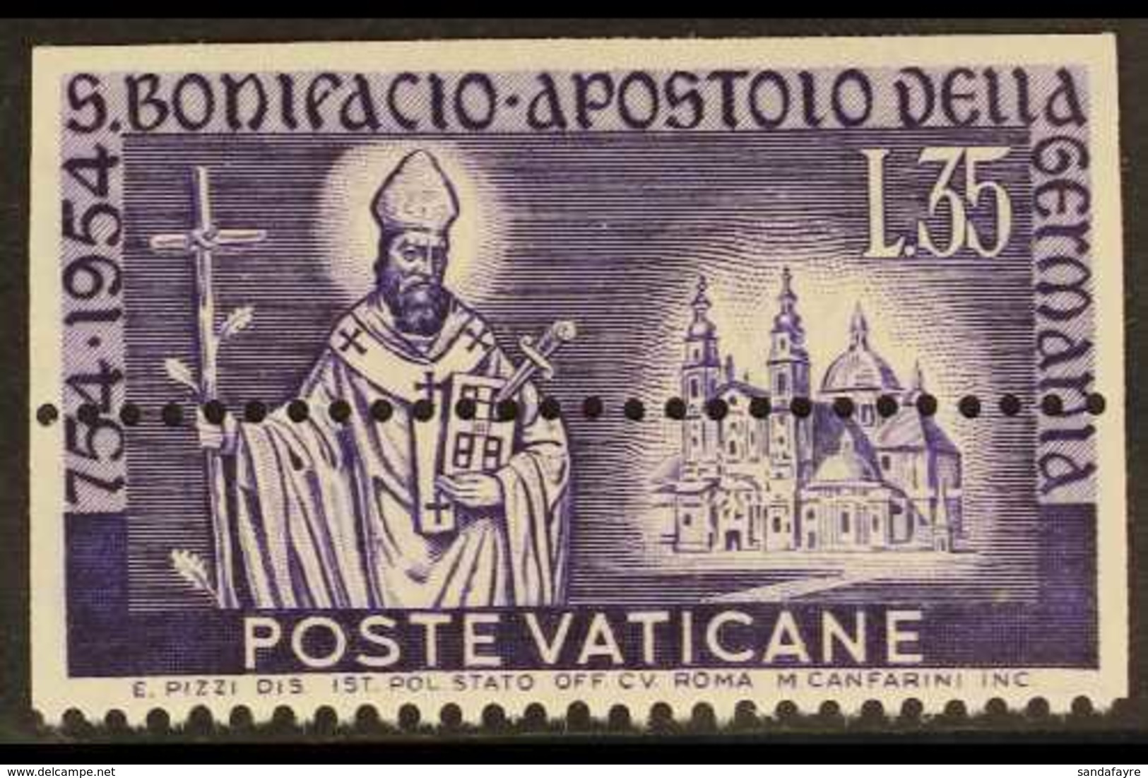 1955 35L Violet "St Boniface" IMPERF To THREE SIDES & MIS-PERFORATED Through Centre Variety, Sass 193ca, Fine Mint For M - Altri & Non Classificati