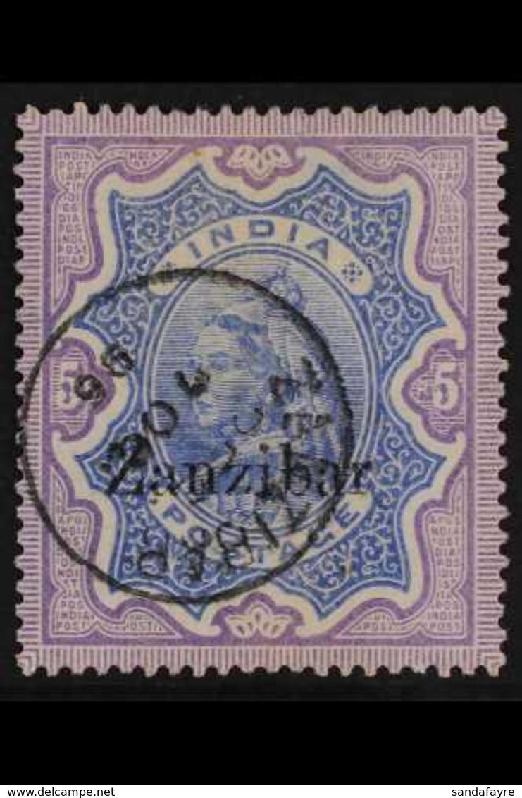 1895-96 5r Ultramarine And Violet Of India With "Zanzibar" Overprint In Black, SG 21, Very Fine Used. For More Images, P - Zanzibar (...-1963)