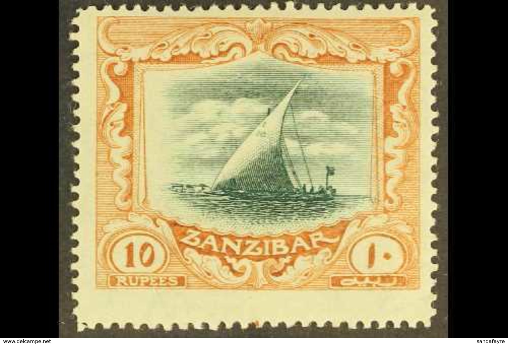 1914-22 10r Green And Brown Top Value, Watermark Multi Crown CA (sideways), SG 275, Mint, Centred High But Only Lightly  - Zanzibar (...-1963)