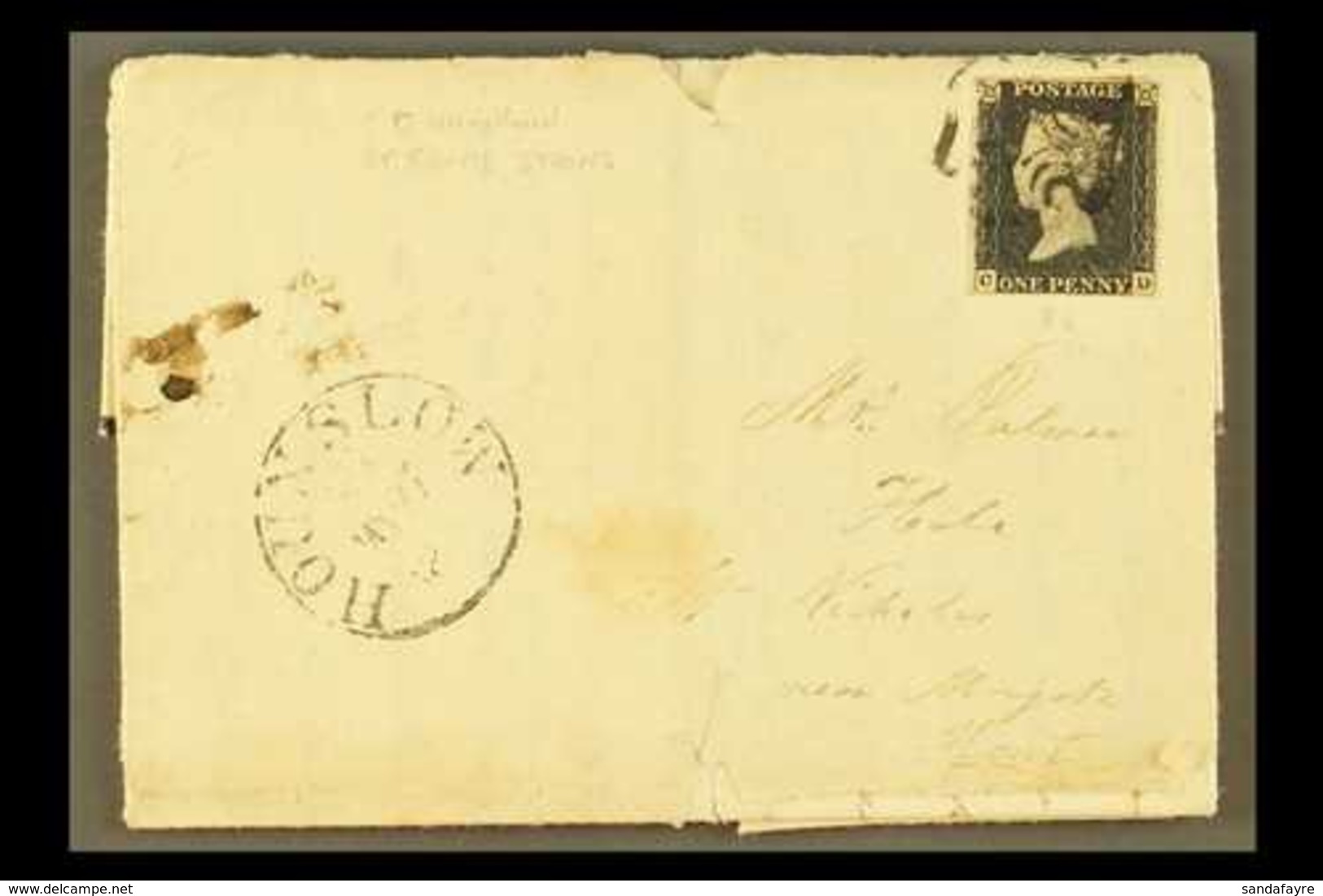 1840 1d Intense Black Lettered "C D", Plate 2, SG 1, With Four Margins On 1841 (27 May) ENTIRE LETTER To Kent With Black - Sin Clasificación