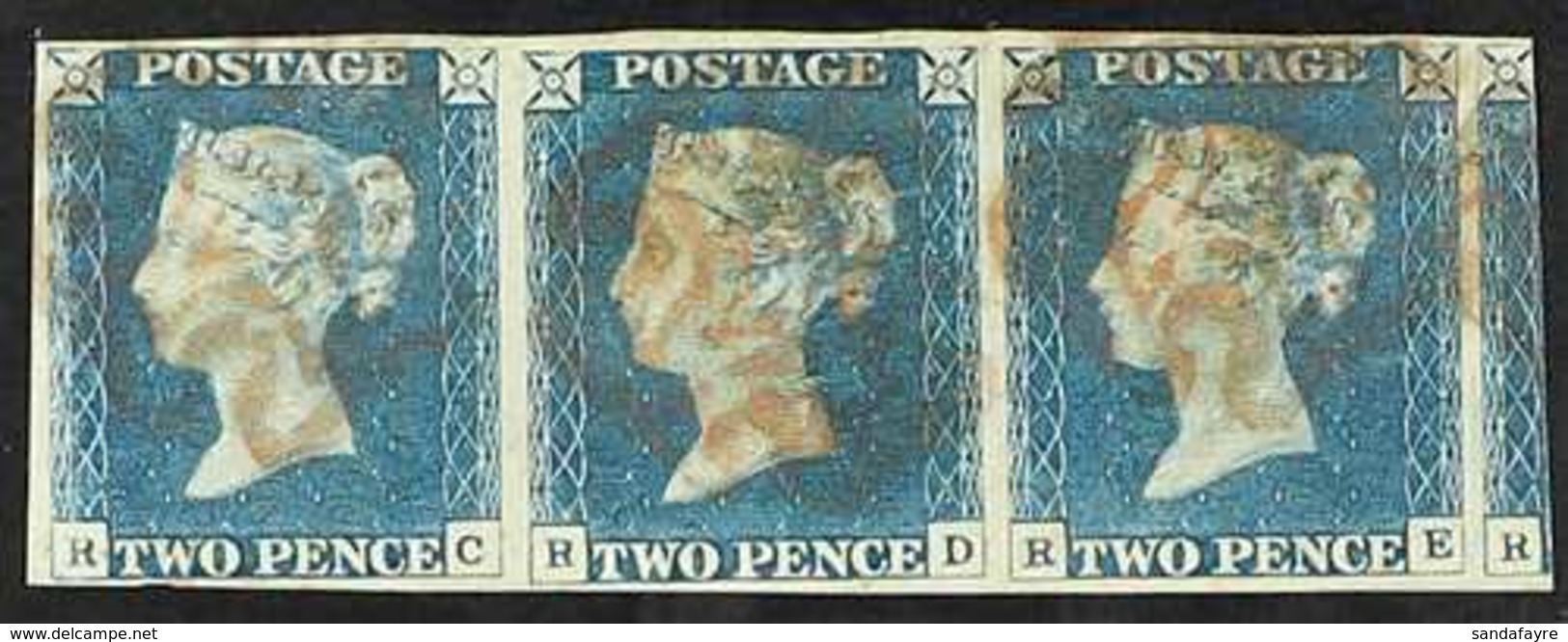 1840 2d Pale Blue Plate 1 STRIP OF THREE 'RC - RE', SG 6, Very Fine Used With 4 Large Margins & Red MC Cancellations. Fo - Altri & Non Classificati