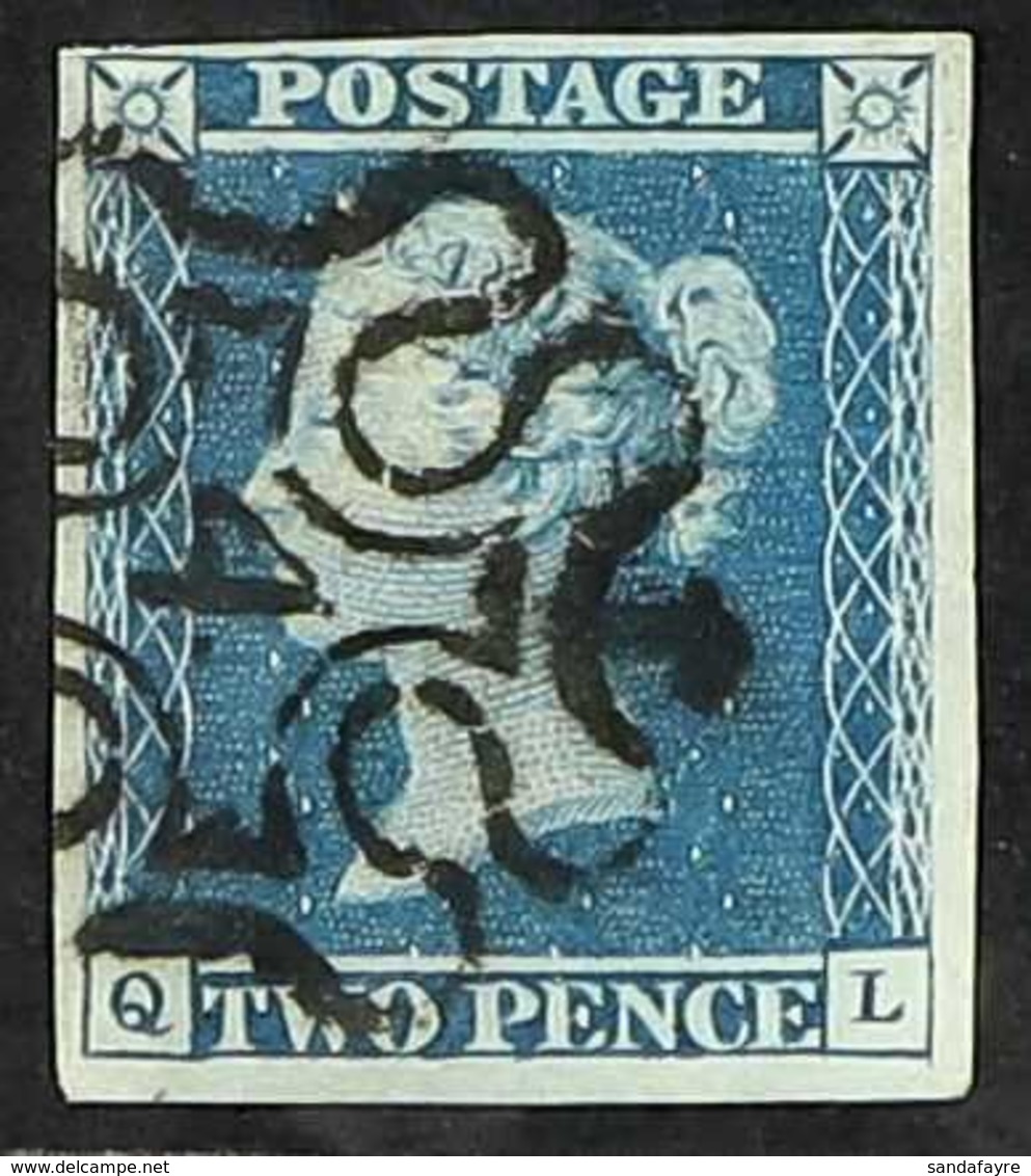 1841 2d Blue Plate 3 With " 4 " IN MALTESE CROSS Cancellation, SG 14f, Very Fine With 4 Margins. Cat £700. For More Imag - Autres & Non Classés