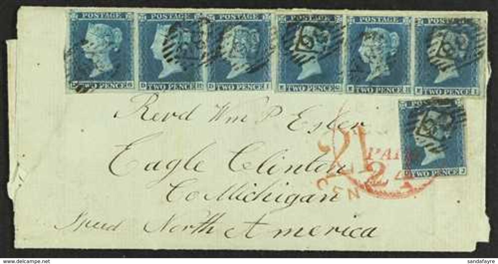 1853 (2 Aug) EL With Side Flaps Missing Sent From London To Eagle, Clinton County, Michigan Bears A Spectacular Franking - Andere & Zonder Classificatie