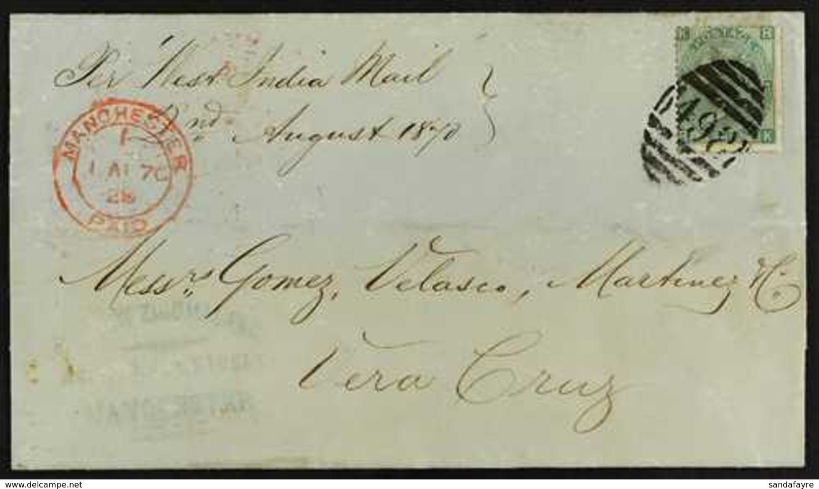 1870 (1 Aug) LS From Manchester, England To Vera Cruz, Mexico Bearing GB 1s Green (SG117) Tied "498" Pmk, Various Britis - Altri & Non Classificati