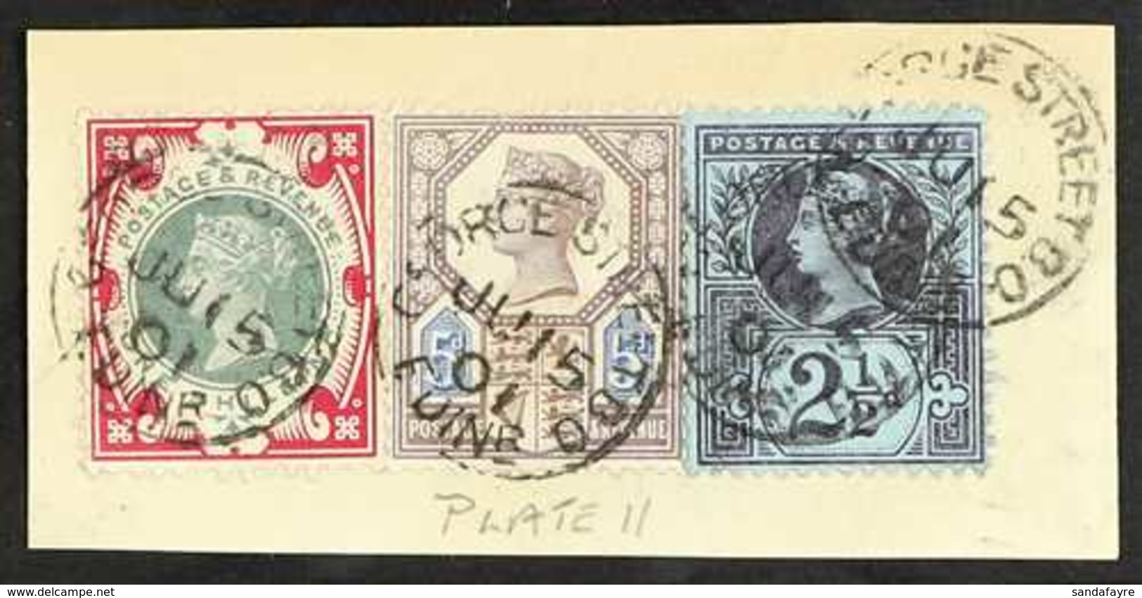 1901 (15 Jul) Piece Bearing "Jubilee" 2½d, 5d Die II & 1s Green And Carmine (SG 201, 207a, 214), Tied To Piece By Small  - Autres & Non Classés