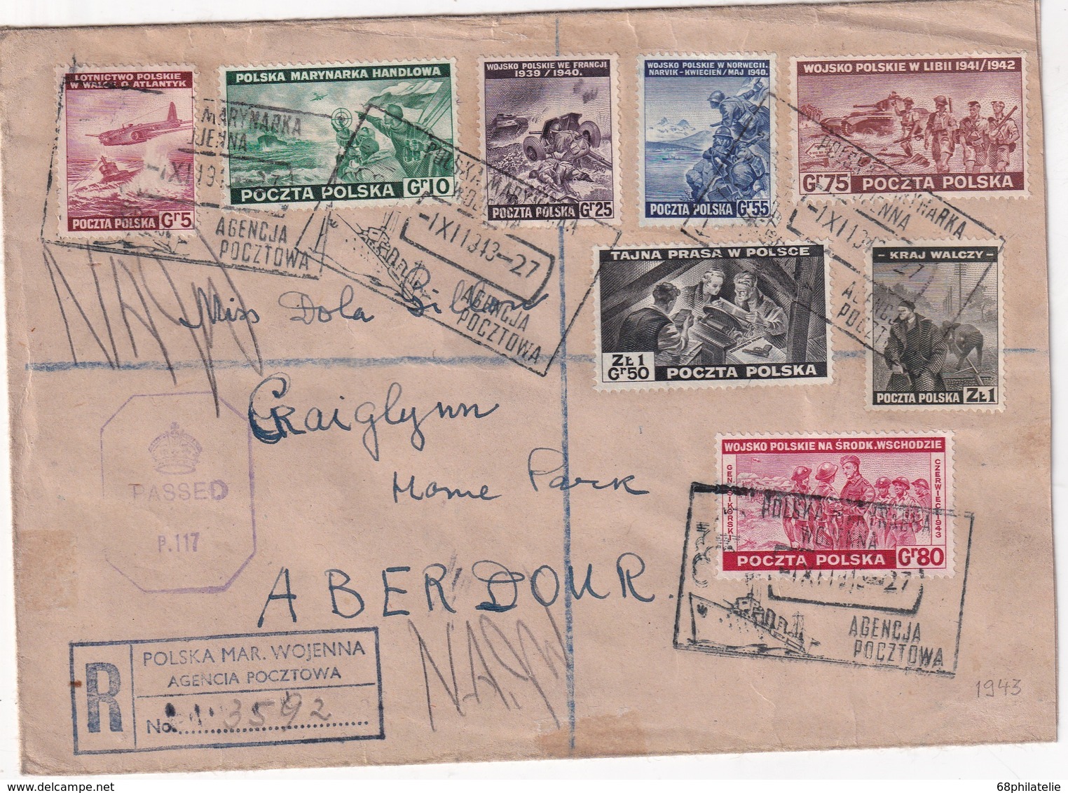 POLOGNE  GOUVERNEMEENT DE LONDRES 1943 LETTRE RECOMMANDEE CENSUREE DES FORCES DE LA MARINE AVEC CACHET ARRIVEE ABERDOUR - Governo Di Londra (esilio)