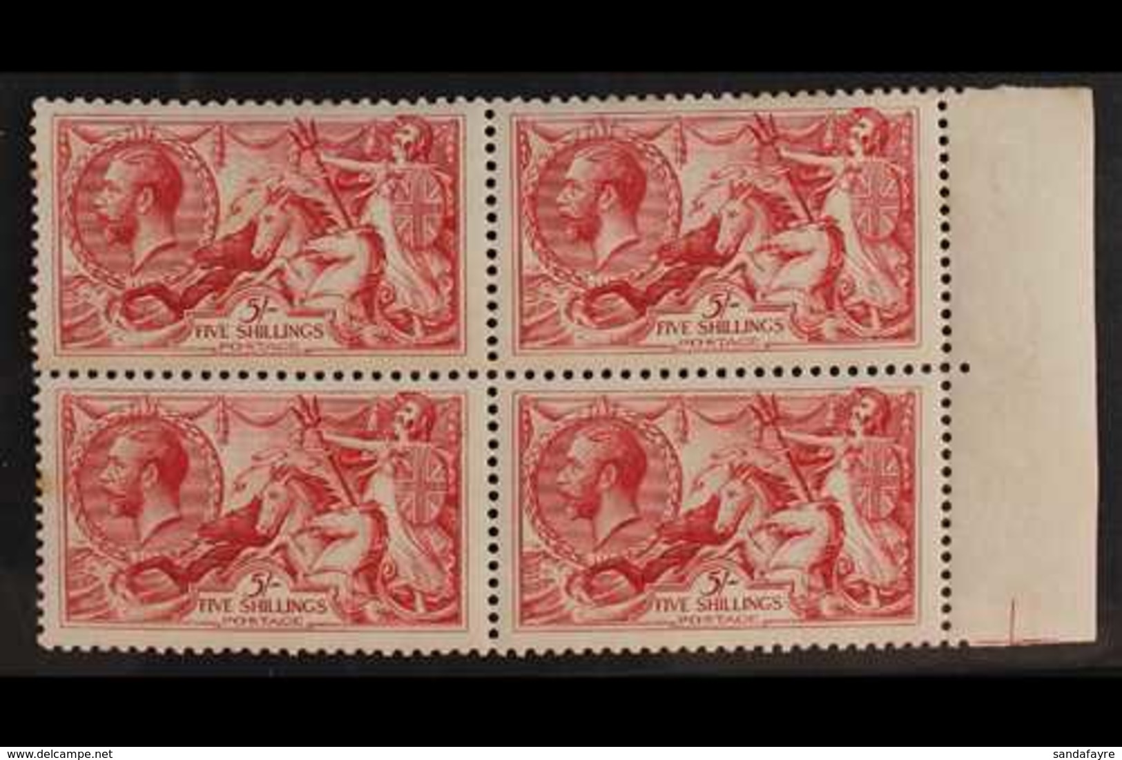 1918-19 5s Rose-red Bradbury Seahorse, SG 416, Never Hinged BLOCK OF FOUR From The Right Side Of The Sheet, Three Stamps - Non Classés