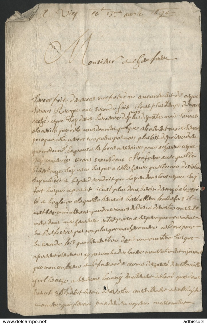 1694 HAUTE MARNE Lettre Datée De Vicq Et Adressée à Reims Avec La Taxe Manuscrite "4" - ....-1700: Precursores