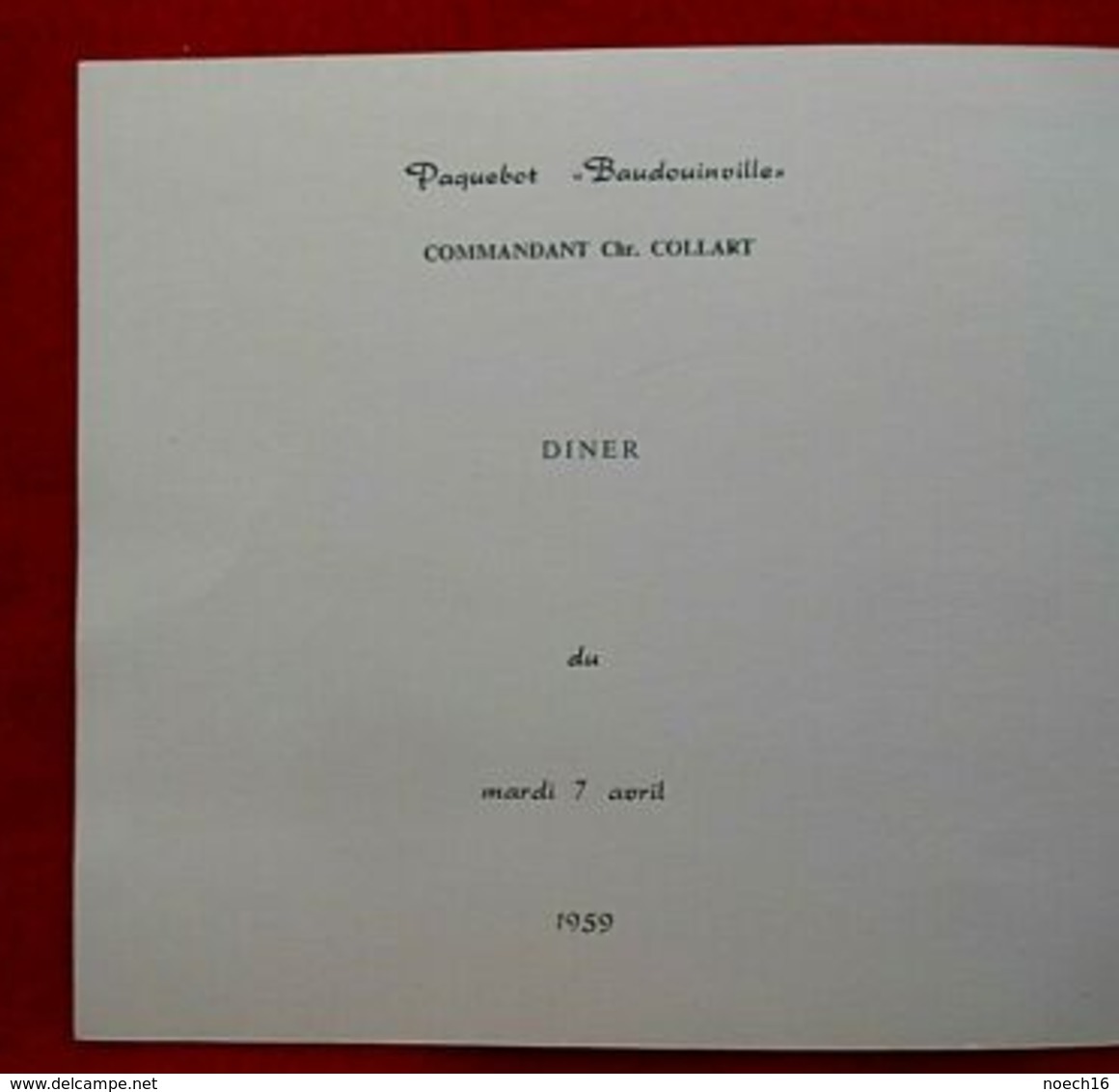 Menu Diner 7 Avril 1959 - Paquebot Baudouinville - Compagnie Maritime Belge - Menus