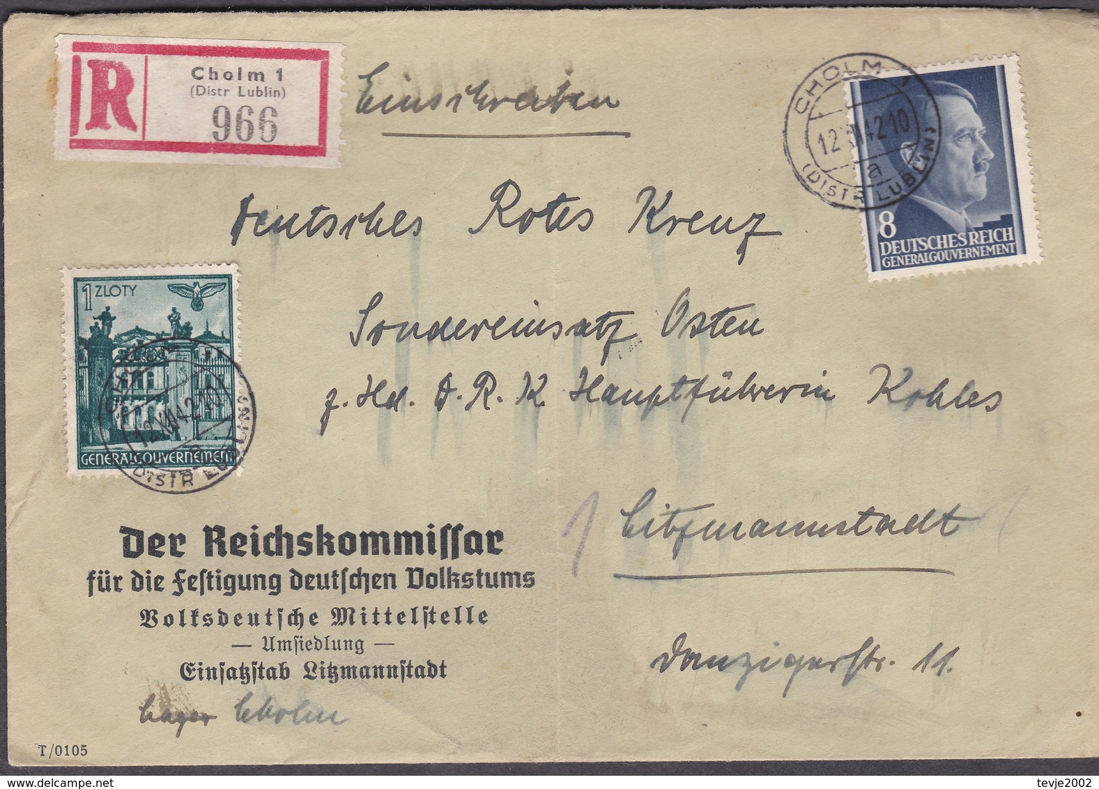 Wlk_ Generalgouvernement - Mi.Nr. 70 + 73 -  Einschreiben Von Cholm Nach Litzmannstadt - Besetzungen 1938-45