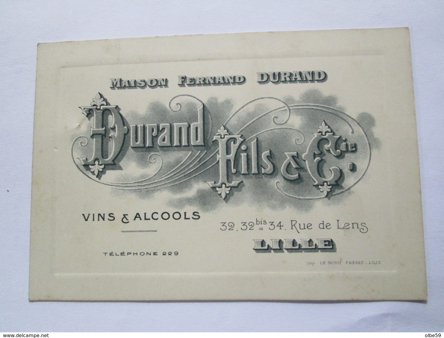 LILLE Rare Cpa Maison Fernand DURAND  Fils & Cie  ,  Vins & Alcools  1912 Pour Bistro Estaminet - Lille