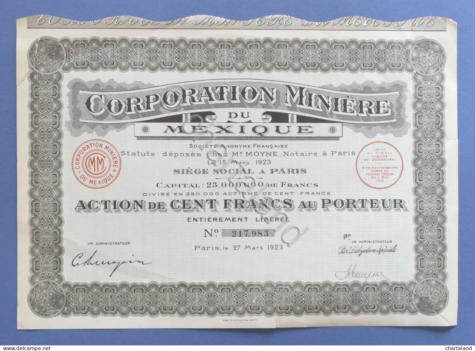 Certificato Azionario Corporation Miniere Du Mexique - 100 Franchi - 1923 - Other & Unclassified