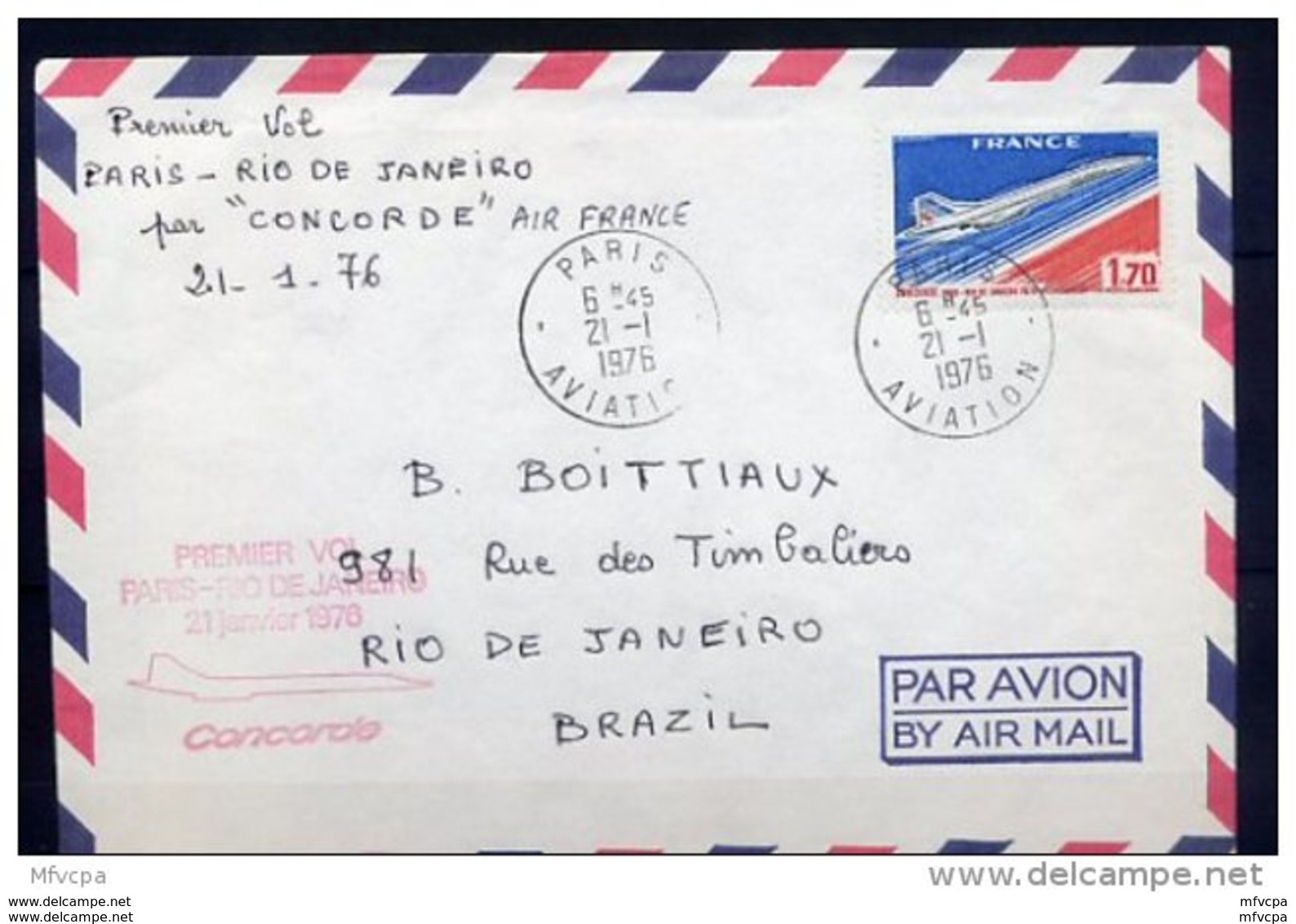 Let233 Concorde Premier Vol Paris Rio Janeiro 21-01-1976/lettre - 1960-.... Lettres & Documents