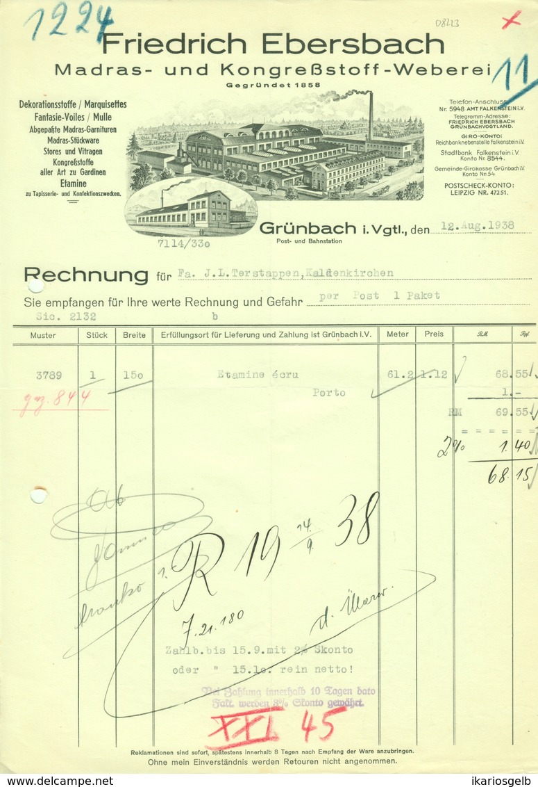 Grünbach B Falkenstein Vogtland Sachsen Rechnung 1938 Deko " F.Ebersbach - Madras- U.Kongreßstoff-Weberei " - Vestiario & Tessile