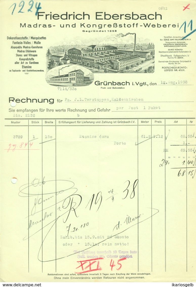 Grünbach B Falkenstein Vogtland Sachsen Rechnung 1938 Deko " F.Ebersbach - Madras- U.Kongreßstoff-Weberei " - Textilos & Vestidos