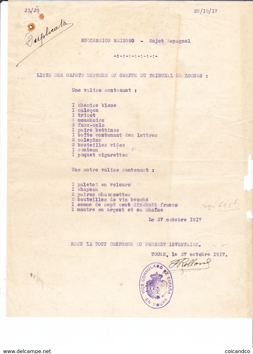 Correspondance 1918 Espagne Consulat Saint Nazaire Et Tours Sucession Raynoso - Historische Dokumente