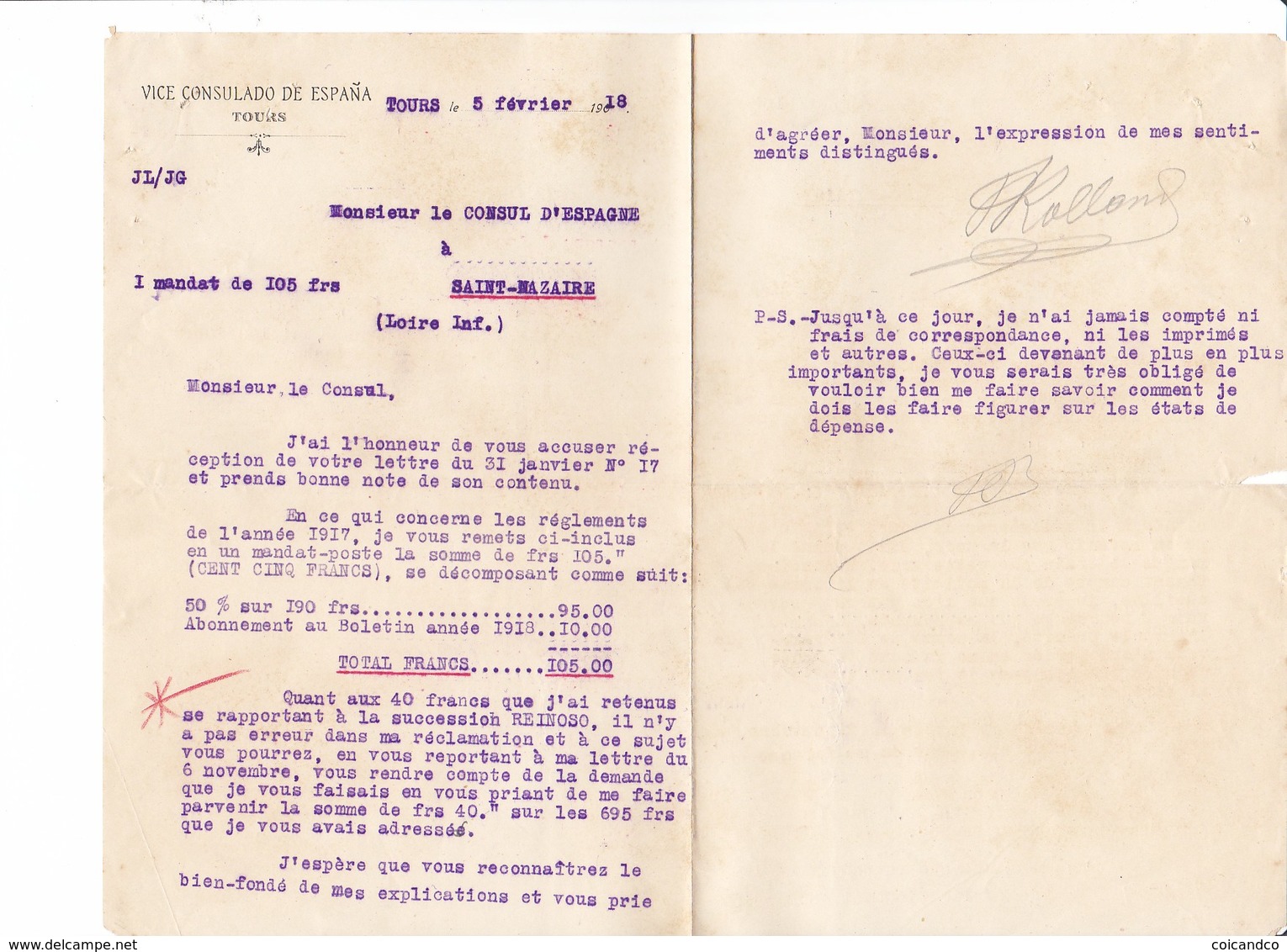 Correspondance 1918 Espagne Consulat Saint Nazaire Et Tours Sucession Raynoso - Historische Dokumente