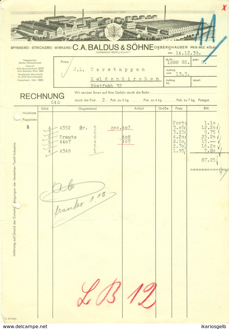 OSBERGHAUSEN B Gummersbach Rechnung 1939 Deko " C.A.Baldus&Söhne - Spinnerei Strickerei Wirkerei " - Textile & Vestimentaire