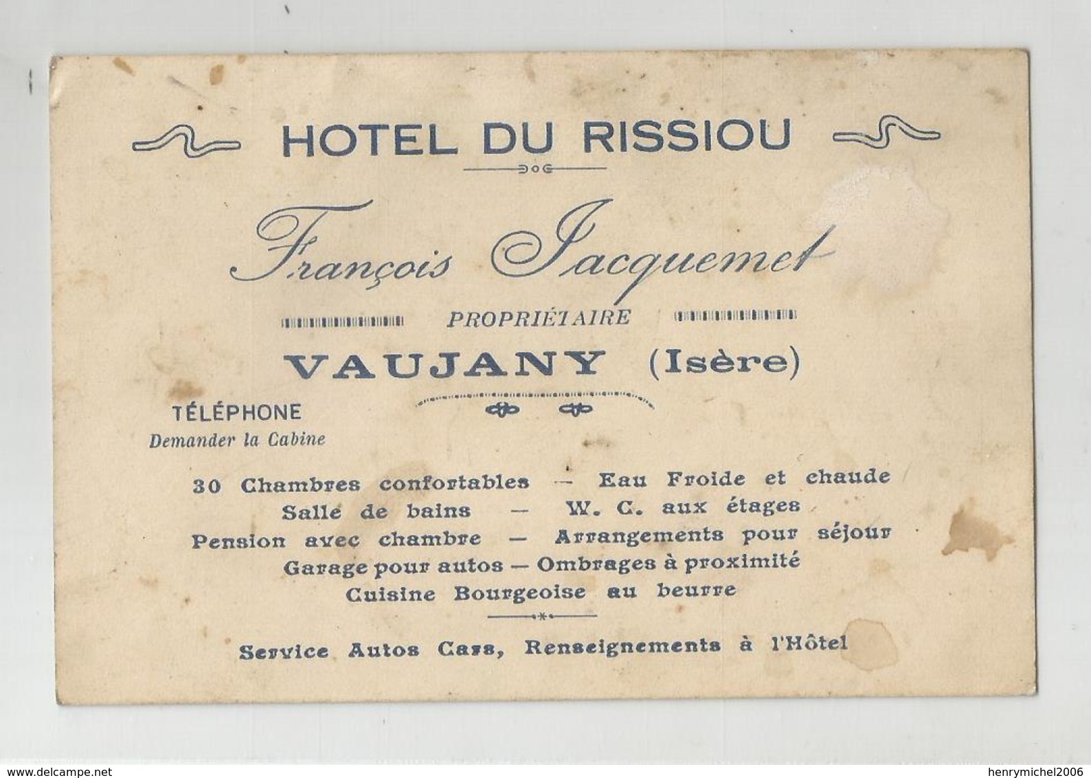 Carte De Visite Hotel Du Rissiou Mr Jacquemet A Vaujany 38 Isère - Visitenkarten