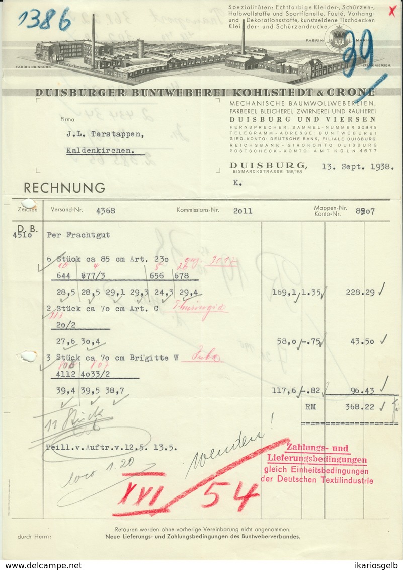 DUISBURG U. Viersen Rechnung 1938 Deko " Kohlstedt&Crone - Buntweberei Kleider Schürzen Tischdecken " - Textile & Clothing