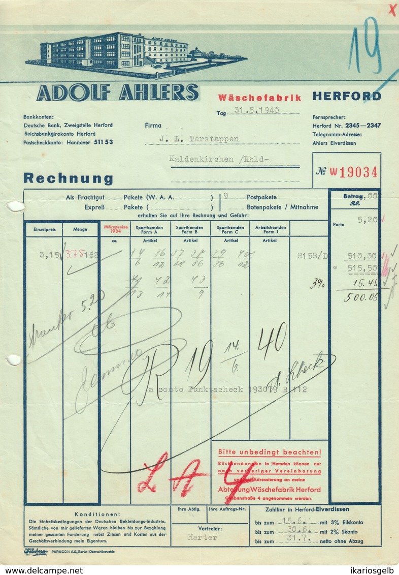 HERFORD Westfalen Rechnung 1940 Deko " Adolf Ahlers - Wäschefabrik " - Textilos & Vestidos