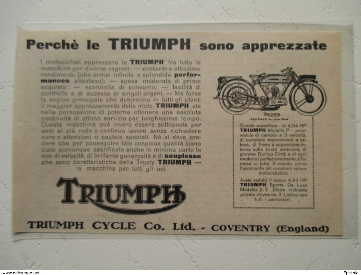 Motocyclette   " MOTO TRIUMPH 4.94   - Type P  Coventry " - Coupure De Presse Italienne De 1926 - Motos