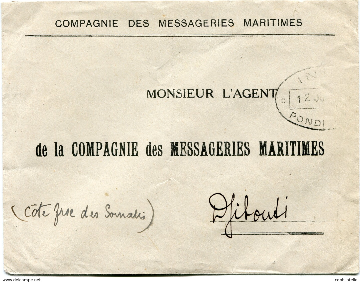 INDE LETTRE A ENTETE DE LA COMPAGNIE DES MESSAGERIES MARITIMES AVEC AFFRANCHISSEMENT AU DOS DEPART PONDICHERY 12 JUIL ? - Storia Postale